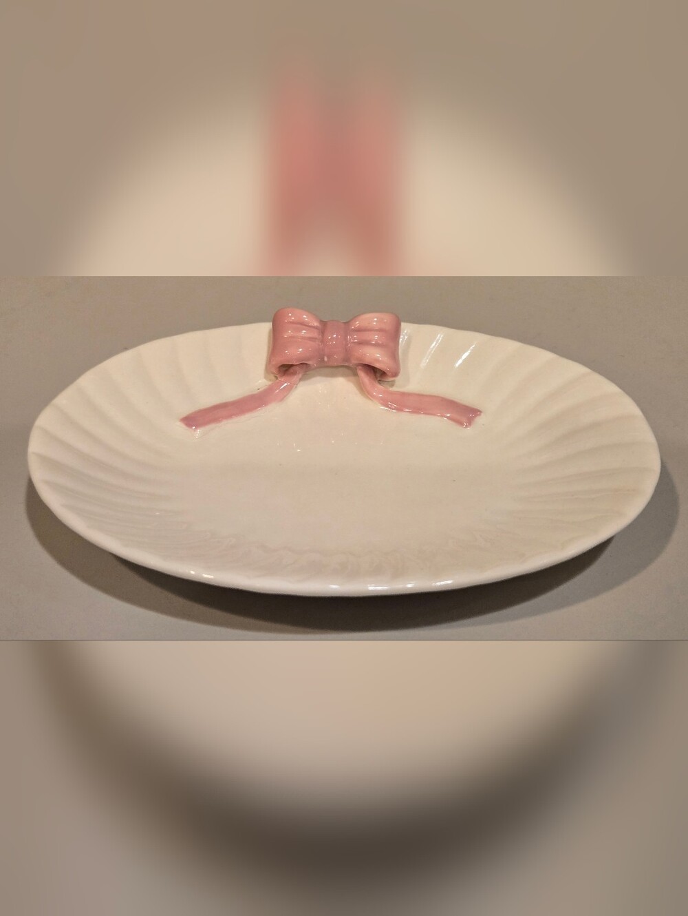 White Ceramic Serving Plate with Pink Bow Accent